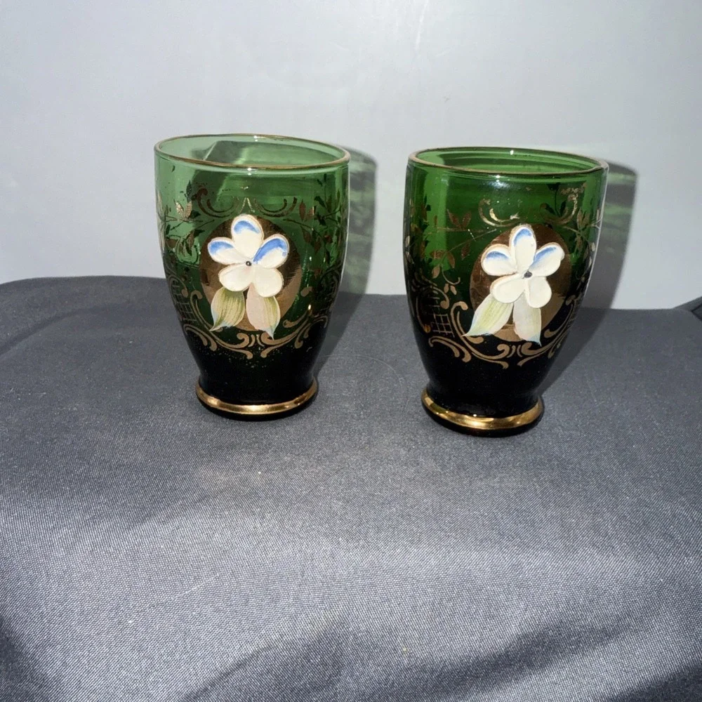 MCM Green Venetian  Green Glass  Cordial   Floral Painted 2 1/2